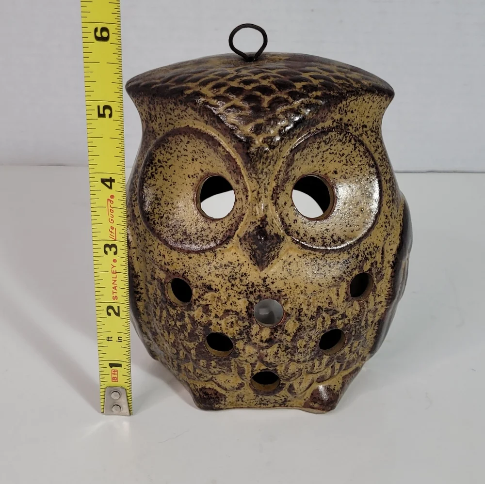 Vintage Ceramic Owl Lantern Tealight Candleholder w Loop for Hanging 1970s